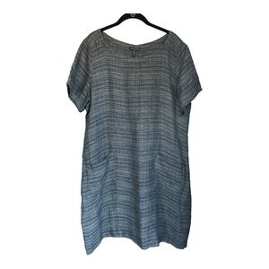 Eileen Fisher 100% Linen Slub Dress With Pockets Navy Multi Striped Size Large